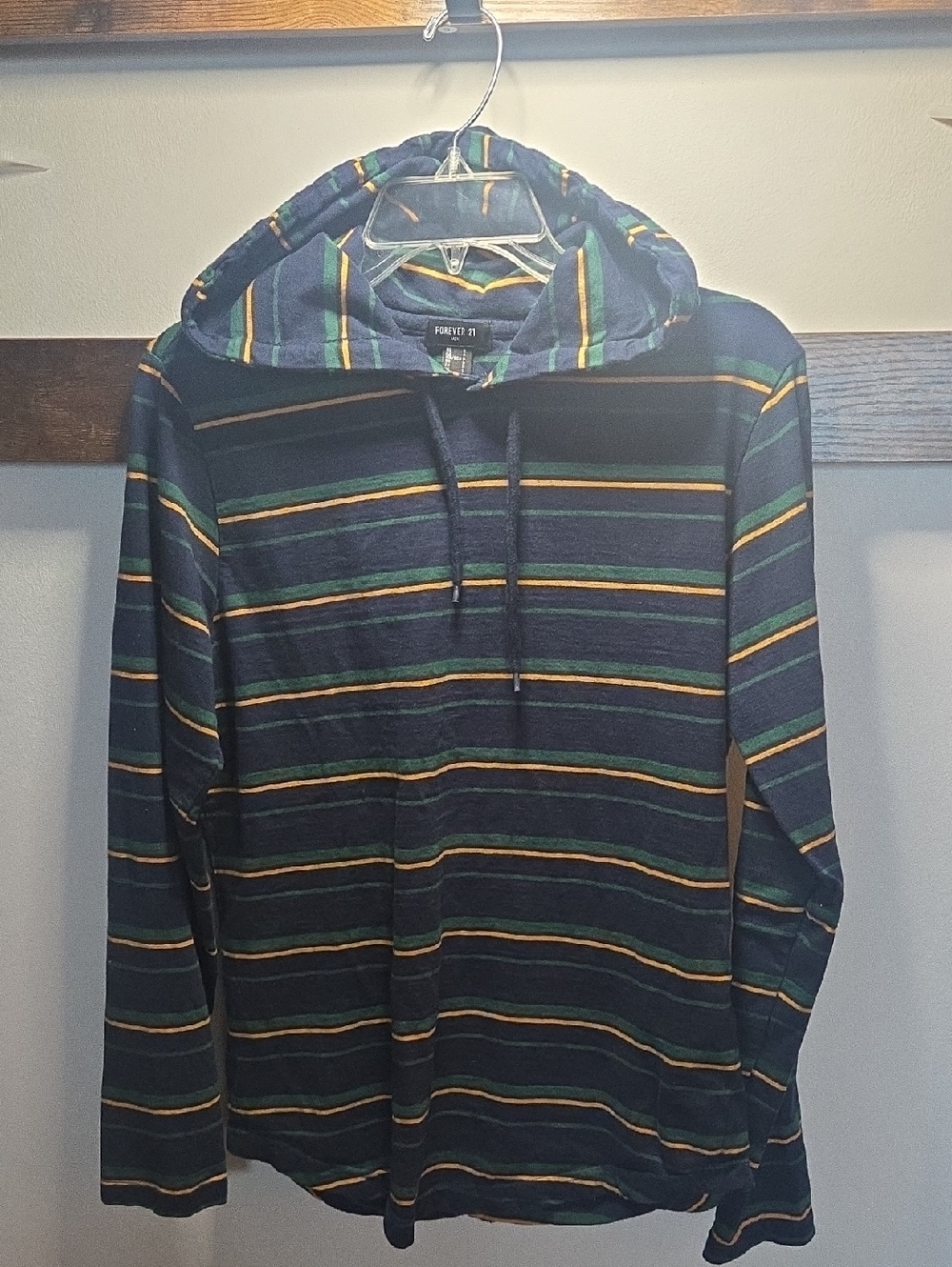 Forever 21 Men’s Navy Hooded Long-Sleeve with Green & Yellow Stripes
